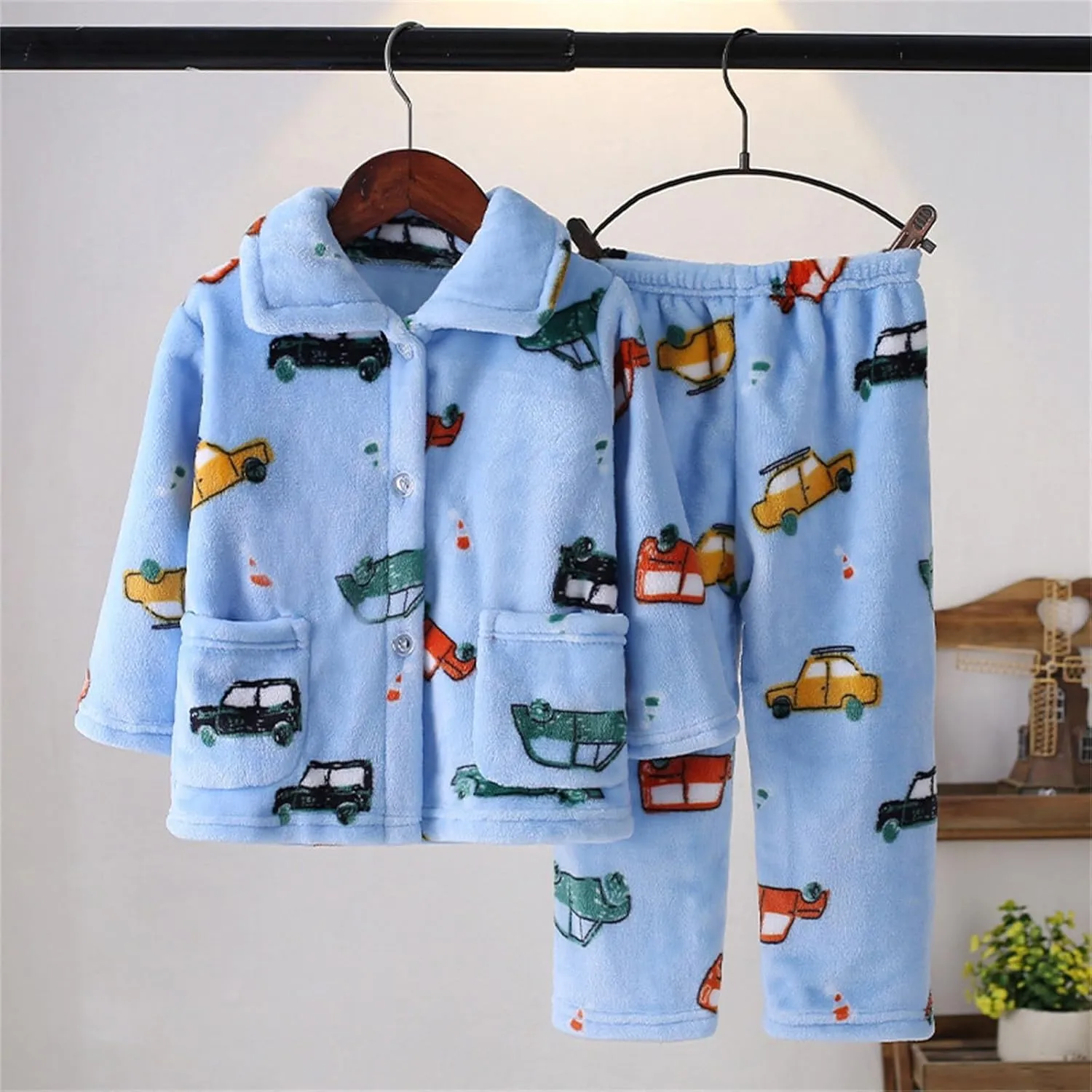 2 Piece Boys' Fleece 𝐏ajama Set Kids Toddler Baby Winter Flannel Sl𝐞epwear Cartoon Label Button Down Top Pants