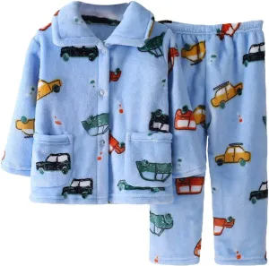 2 Piece Boys' Fleece 𝐏ajama Set Kids Toddler Baby Winter Flannel Sl𝐞epwear Cartoon Label Button Down Top Pants