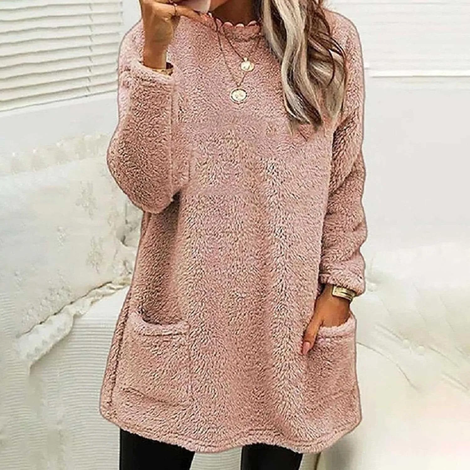 2024 Womens Sherpa Pullover Oversized Fuzzy Fleece Sweatshirts Faux Fur Fluffy Outerwear with Pockets Winter Soft Loungwear