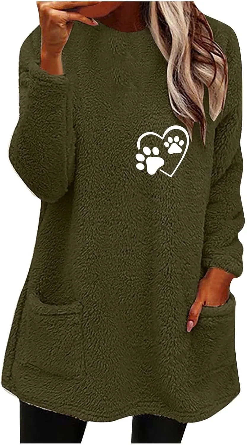 2024 Womens Sherpa Pullover Oversized Fuzzy Fleece Sweatshirts Faux Fur Fluffy Outerwear with Pockets Winter Soft Loungwear