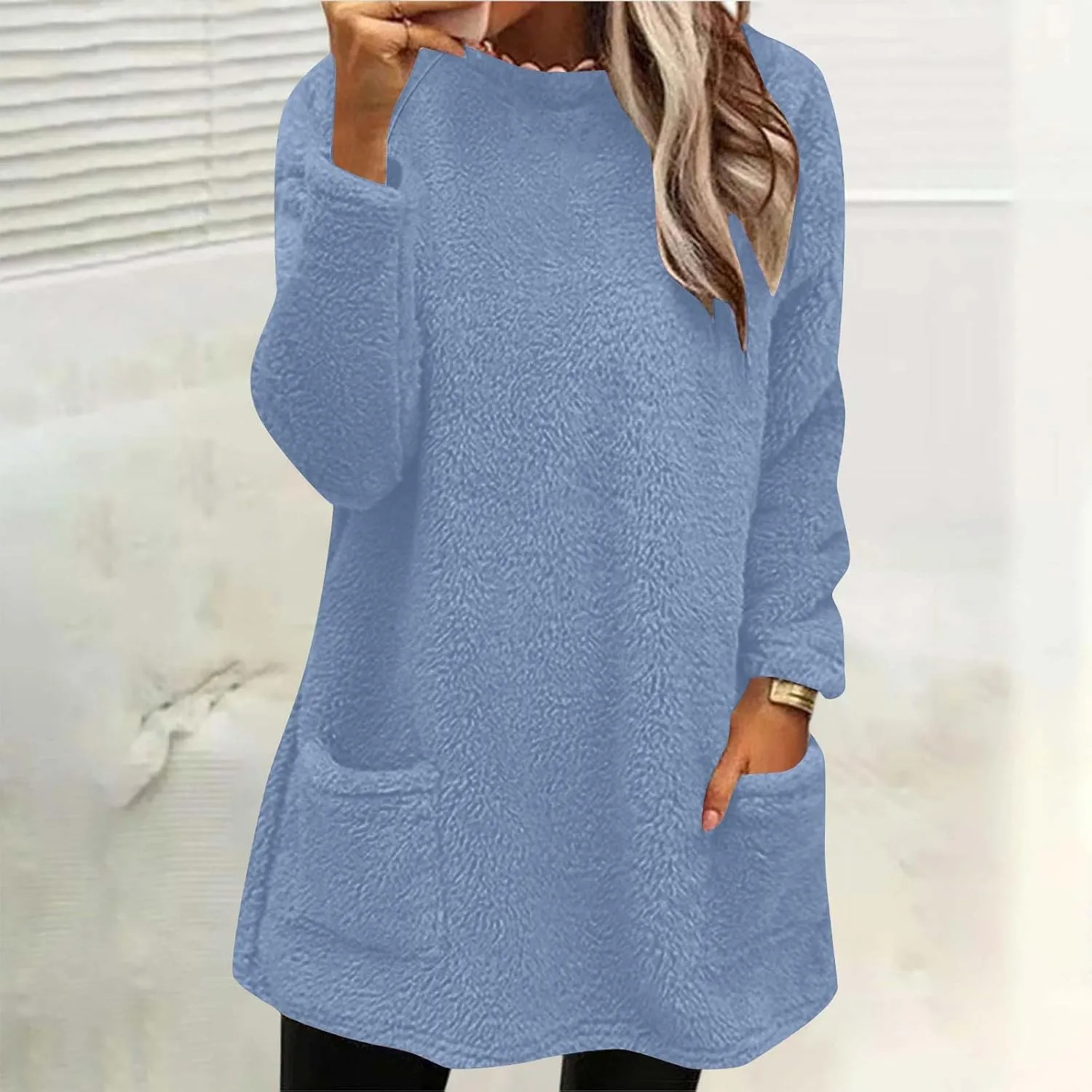 2024 Womens Sherpa Pullover Oversized Fuzzy Fleece Sweatshirts Faux Fur Fluffy Outerwear with Pockets Winter Soft Loungwear