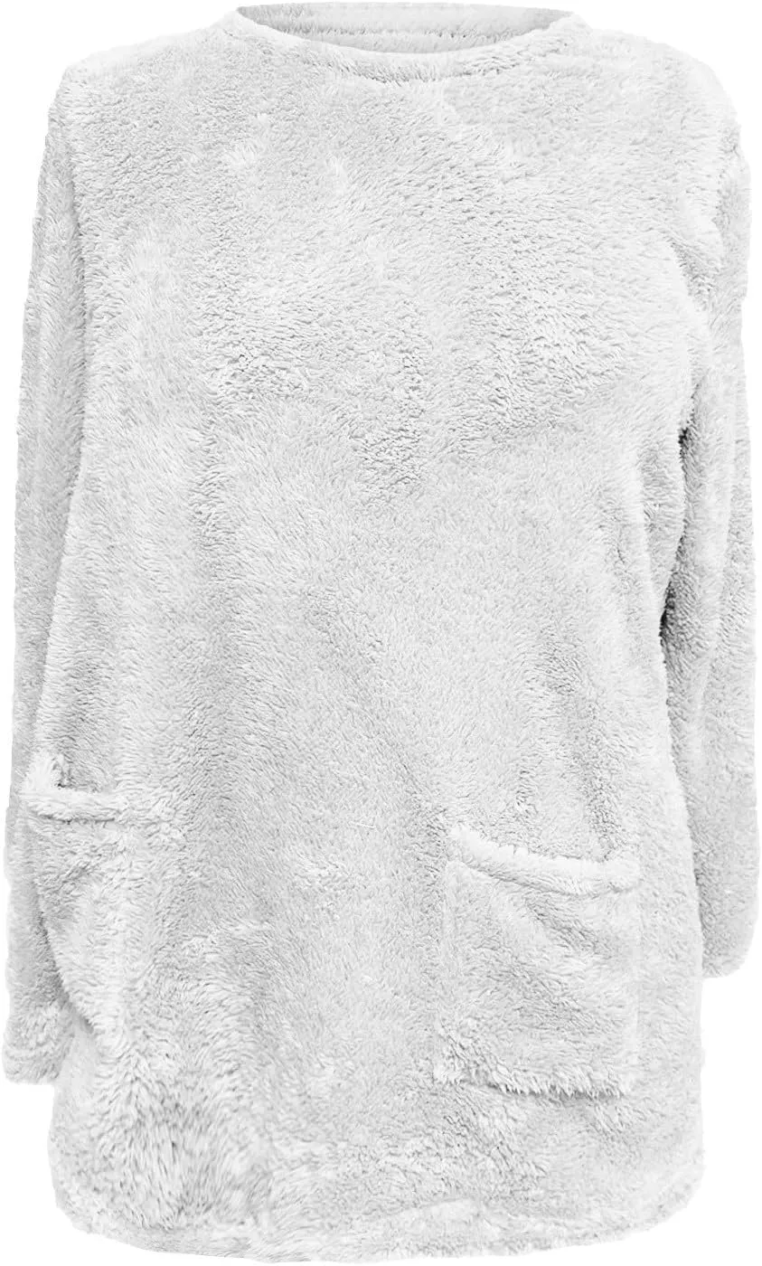 2024 Womens Sherpa Pullover Oversized Fuzzy Fleece Sweatshirts Faux Fur Fluffy Outerwear with Pockets Winter Soft Loungwear