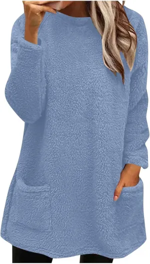 2024 Womens Sherpa Pullover Oversized Fuzzy Fleece Sweatshirts Faux Fur Fluffy Outerwear with Pockets Winter Soft Loungwear