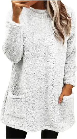 2024 Womens Sherpa Pullover Oversized Fuzzy Fleece Sweatshirts Faux Fur Fluffy Outerwear with Pockets Winter Soft Loungwear