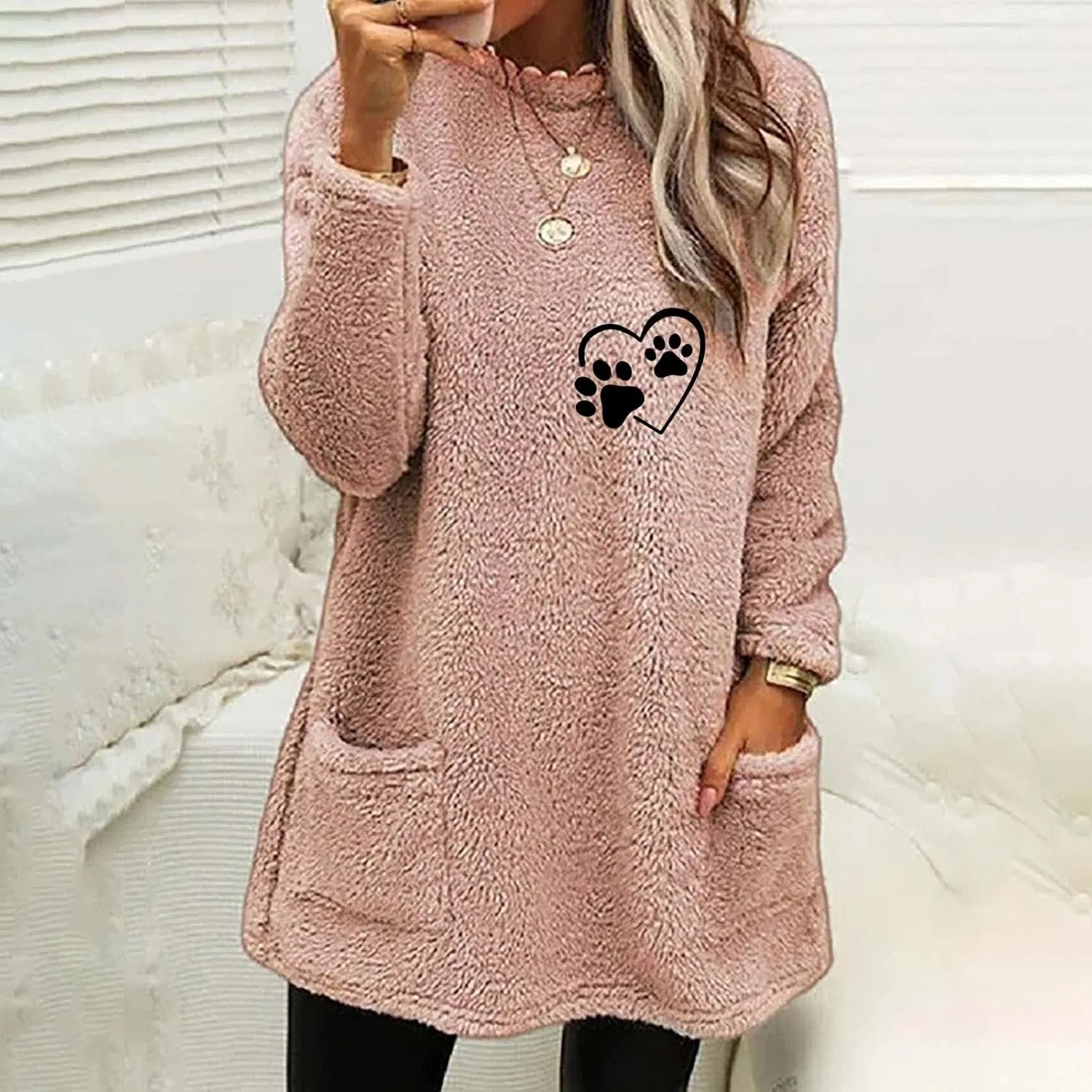 2024 Womens Sherpa Pullover Oversized Fuzzy Fleece Sweatshirts Faux Fur Fluffy Outerwear with Pockets Winter Soft Loungwear