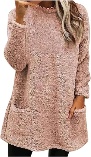 2024 Womens Sherpa Pullover Oversized Fuzzy Fleece Sweatshirts Faux Fur Fluffy Outerwear with Pockets Winter Soft Loungwear
