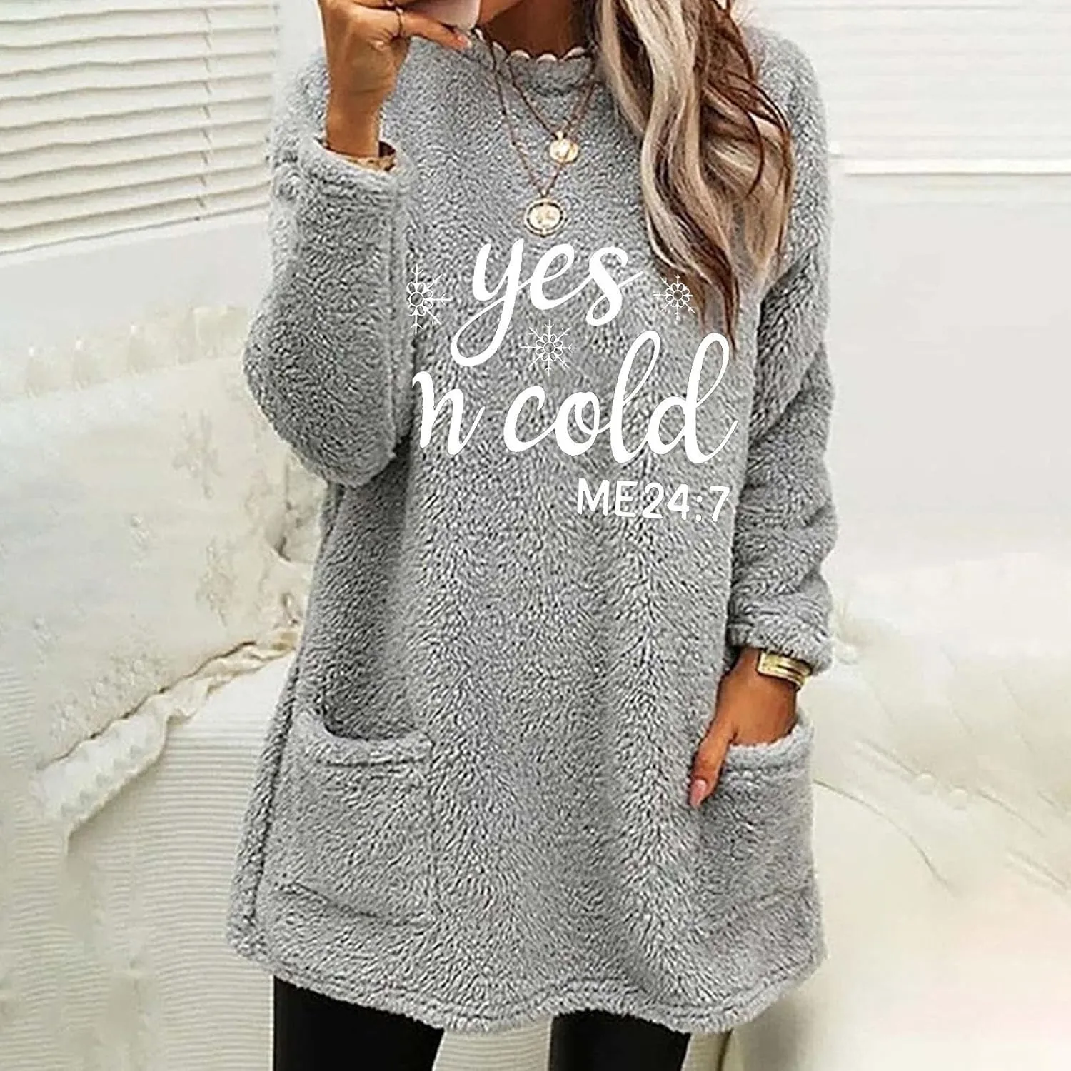 2024 Womens Sherpa Pullover Oversized Fuzzy Fleece Sweatshirts Faux Fur Fluffy Outerwear with Pockets Winter Soft Loungwear