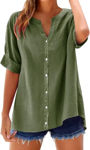 2025 Summer Linen Tops for Women Trendy Roll Up Short Sleeve Tshirts Workout Button Down Plus Size Cotton Linen Shirt