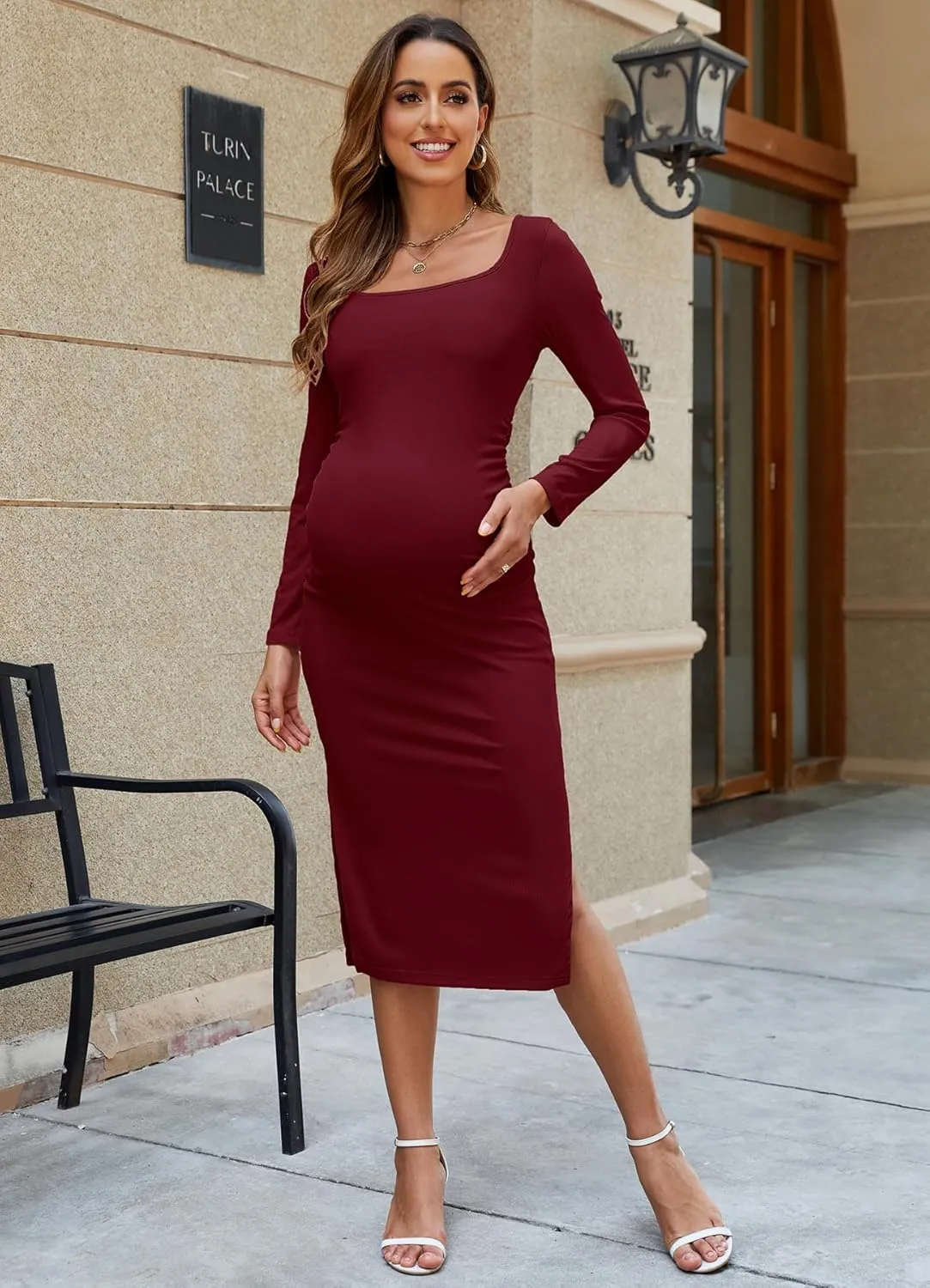2025 Women's Split Maternity Dress Fine Ribbed Ruched Pregnancy Clothes Baby Shower Dresses