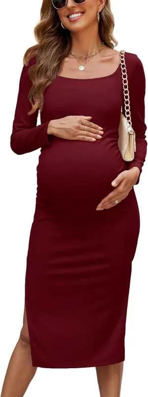 2025 Women's Split Maternity Dress Fine Ribbed Ruched Pregnancy Clothes Baby Shower Dresses