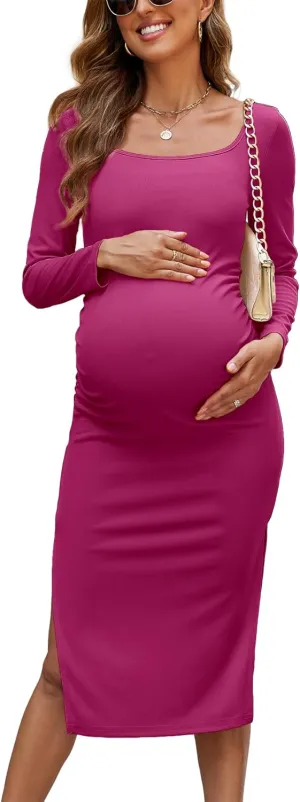 2025 Women's Split Maternity Dress Fine Ribbed Ruched Pregnancy Clothes Baby Shower Dresses