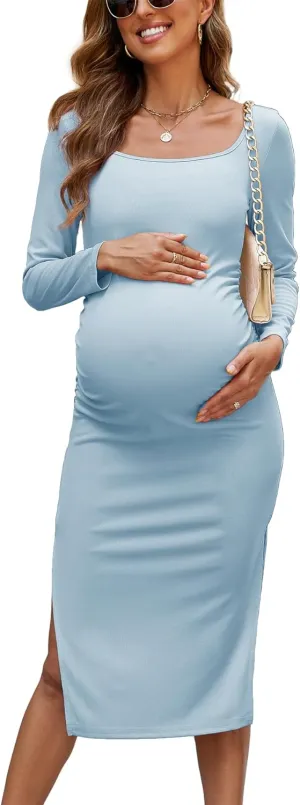 2025 Women's Split Maternity Dress Fine Ribbed Ruched Pregnancy Clothes Baby Shower Dresses