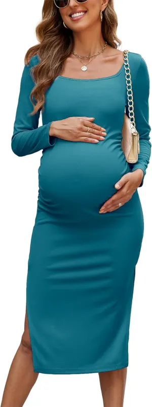 2025 Women's Split Maternity Dress Fine Ribbed Ruched Pregnancy Clothes Baby Shower Dresses