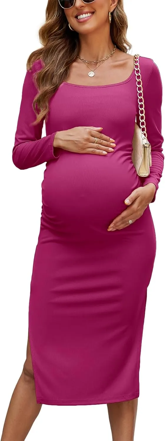 2025 Women's Split Maternity Dress Fine Ribbed Ruched Pregnancy Clothes Baby Shower Dresses