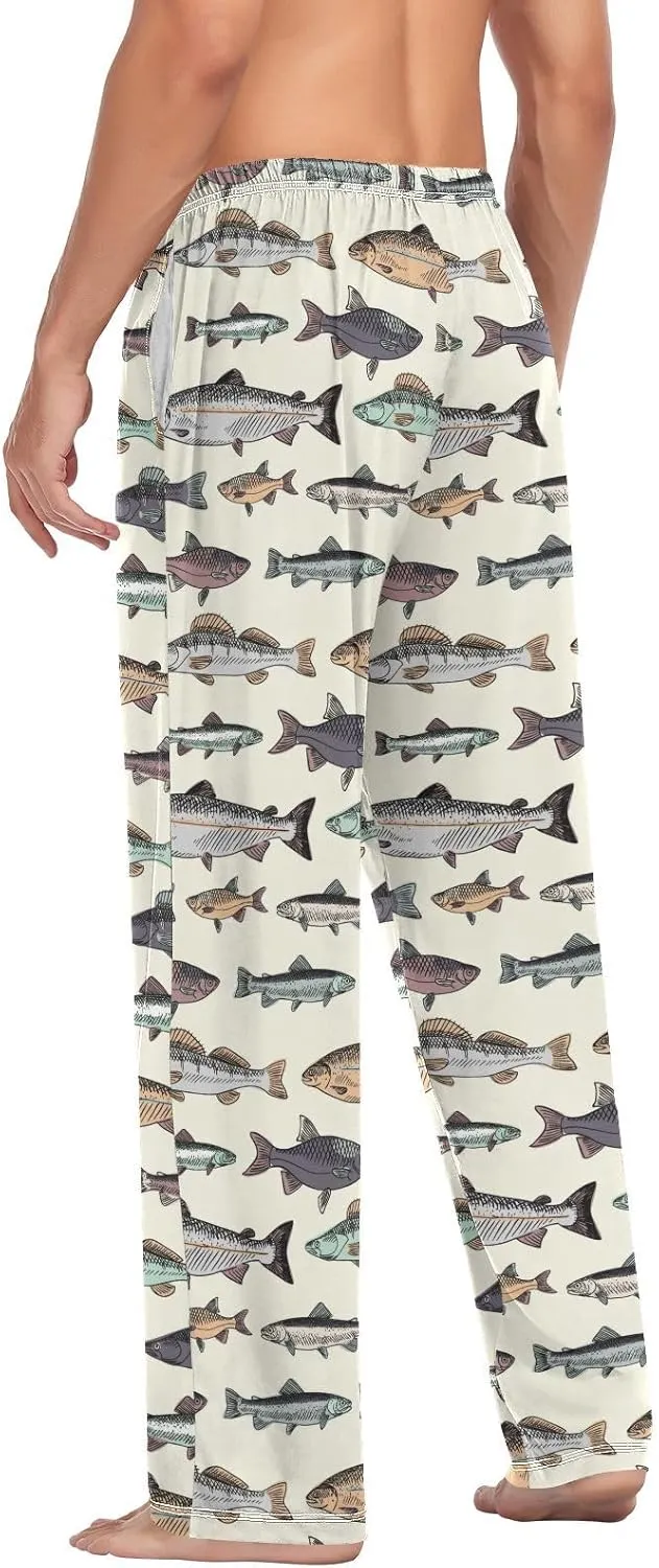 Aslsiy Mens Pajama Pants Vintage Fishes Autumn Pajama Bottoms Winter Lounge Sleep Pants S