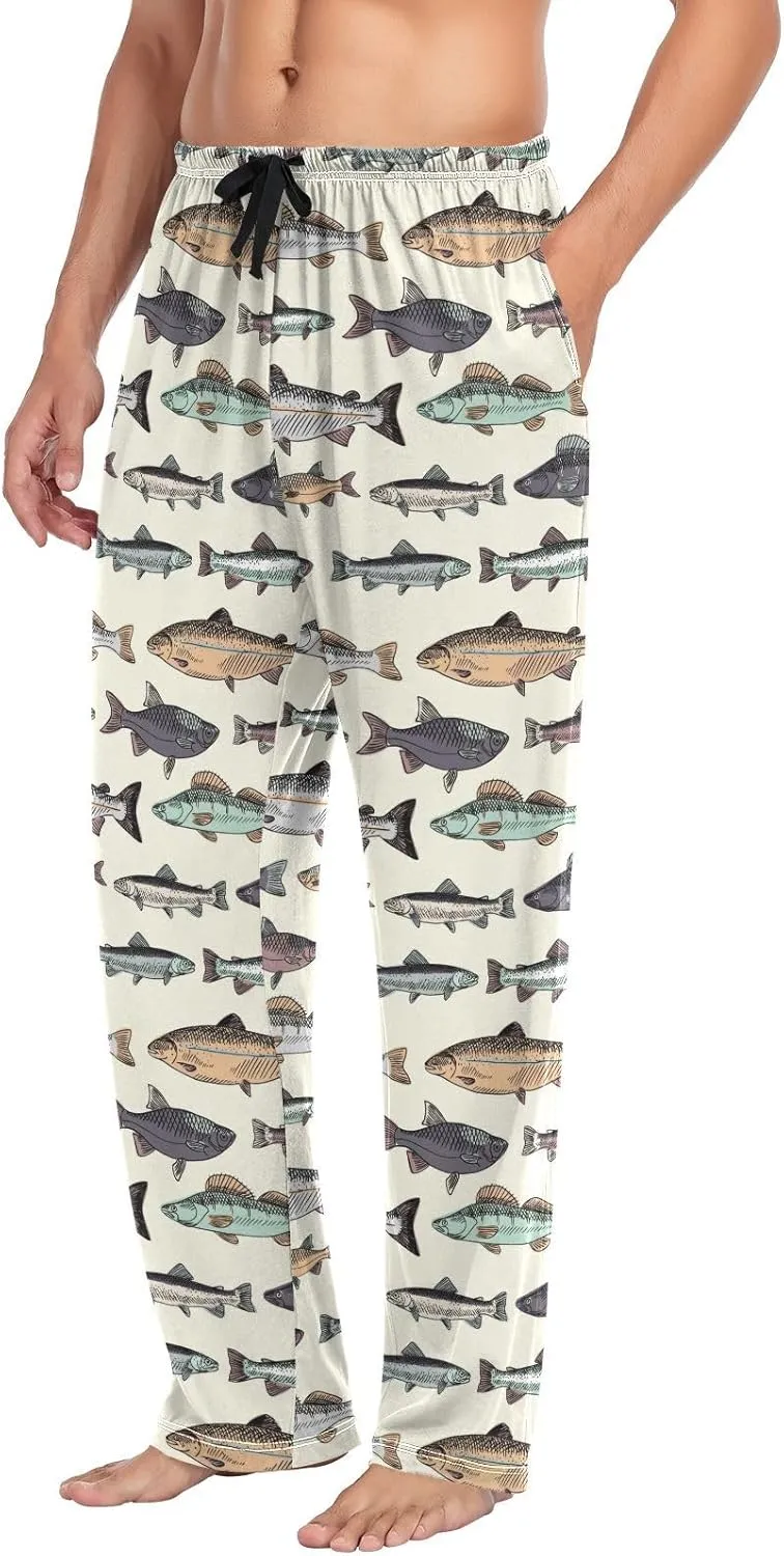 Aslsiy Mens Pajama Pants Vintage Fishes Autumn Pajama Bottoms Winter Lounge Sleep Pants S