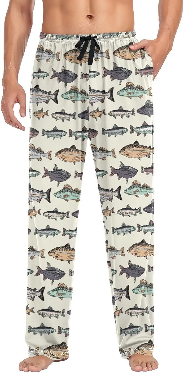 Aslsiy Mens Pajama Pants Vintage Fishes Autumn Pajama Bottoms Winter Lounge Sleep Pants S