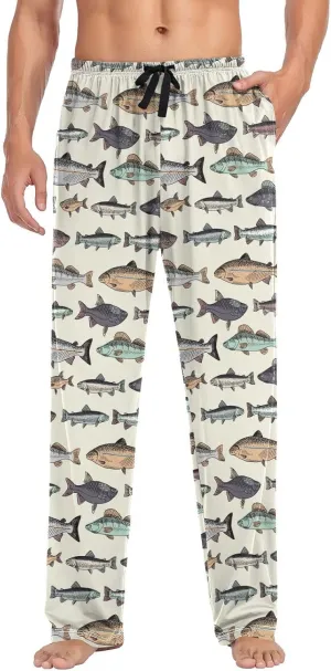 Aslsiy Mens Pajama Pants Vintage Fishes Autumn Pajama Bottoms Winter Lounge Sleep Pants S