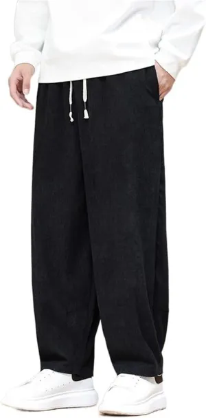 Autumn Winter Chinese Style Retro Corduroy Straight-Leg Pants, Elastic Waist, Casual Big Tall