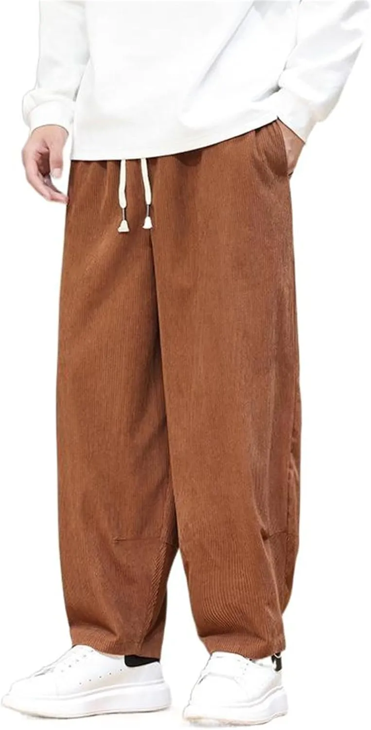 Autumn Winter Chinese Style Retro Corduroy Straight-Leg Pants, Elastic Waist, Casual Big Tall