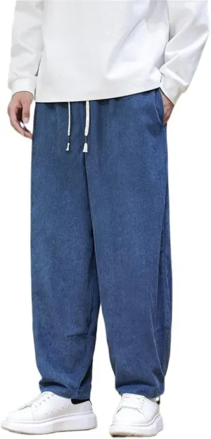Autumn Winter Chinese Style Retro Corduroy Straight-Leg Pants, Elastic Waist, Casual Big Tall