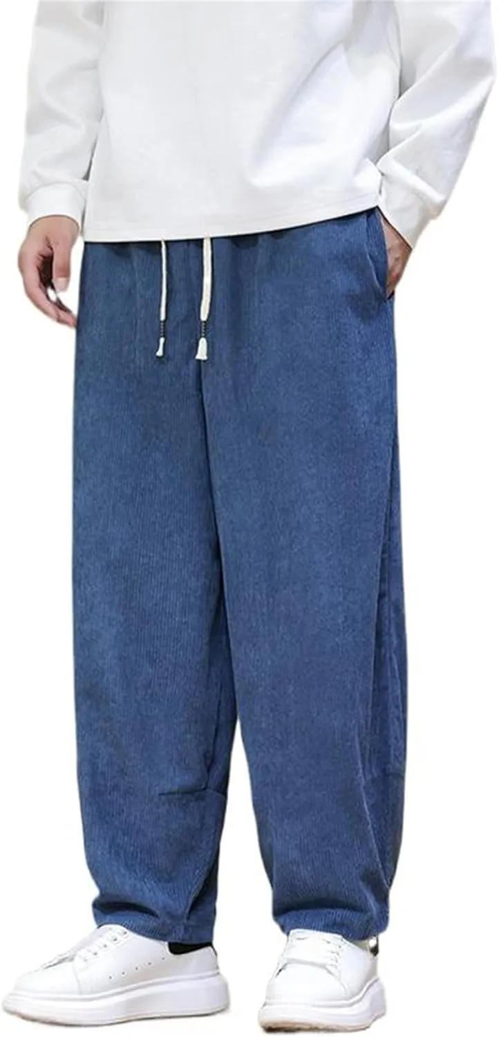 Autumn Winter Chinese Style Retro Corduroy Straight-Leg Pants, Elastic Waist, Casual Big Tall