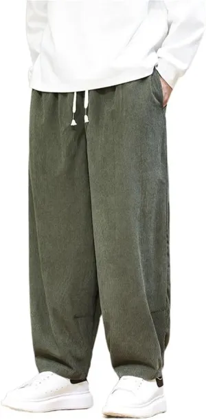 Autumn Winter Chinese Style Retro Corduroy Straight-Leg Pants, Elastic Waist, Casual Big Tall