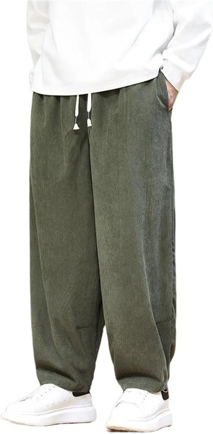 Autumn Winter Chinese Style Retro Corduroy Straight-Leg Pants, Elastic Waist, Casual Big Tall