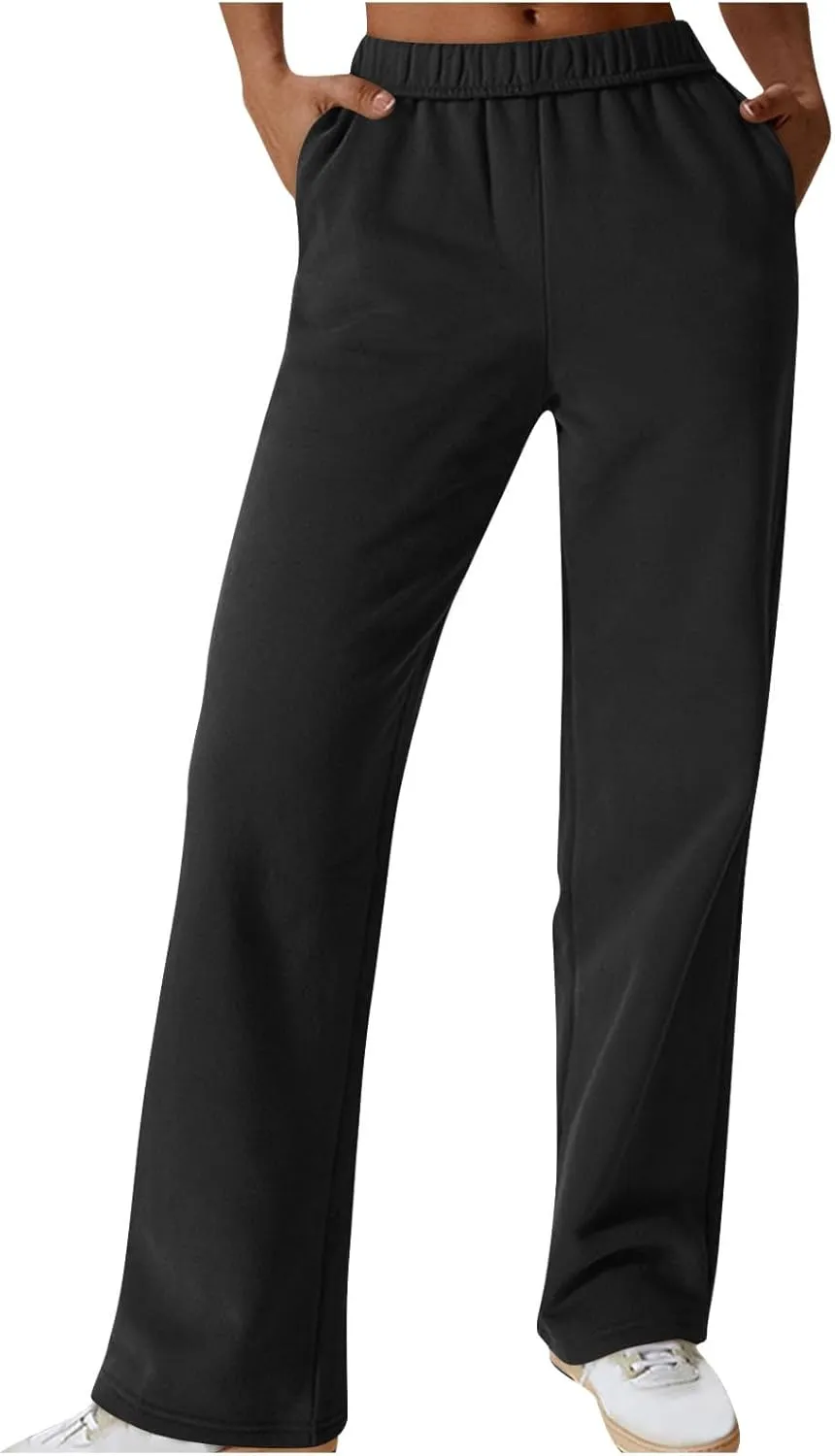 Comfy Straight Leg Pants for Women High Waisted Solid Color Lounge Trousers Pants with Pockets Casual Sweatpants