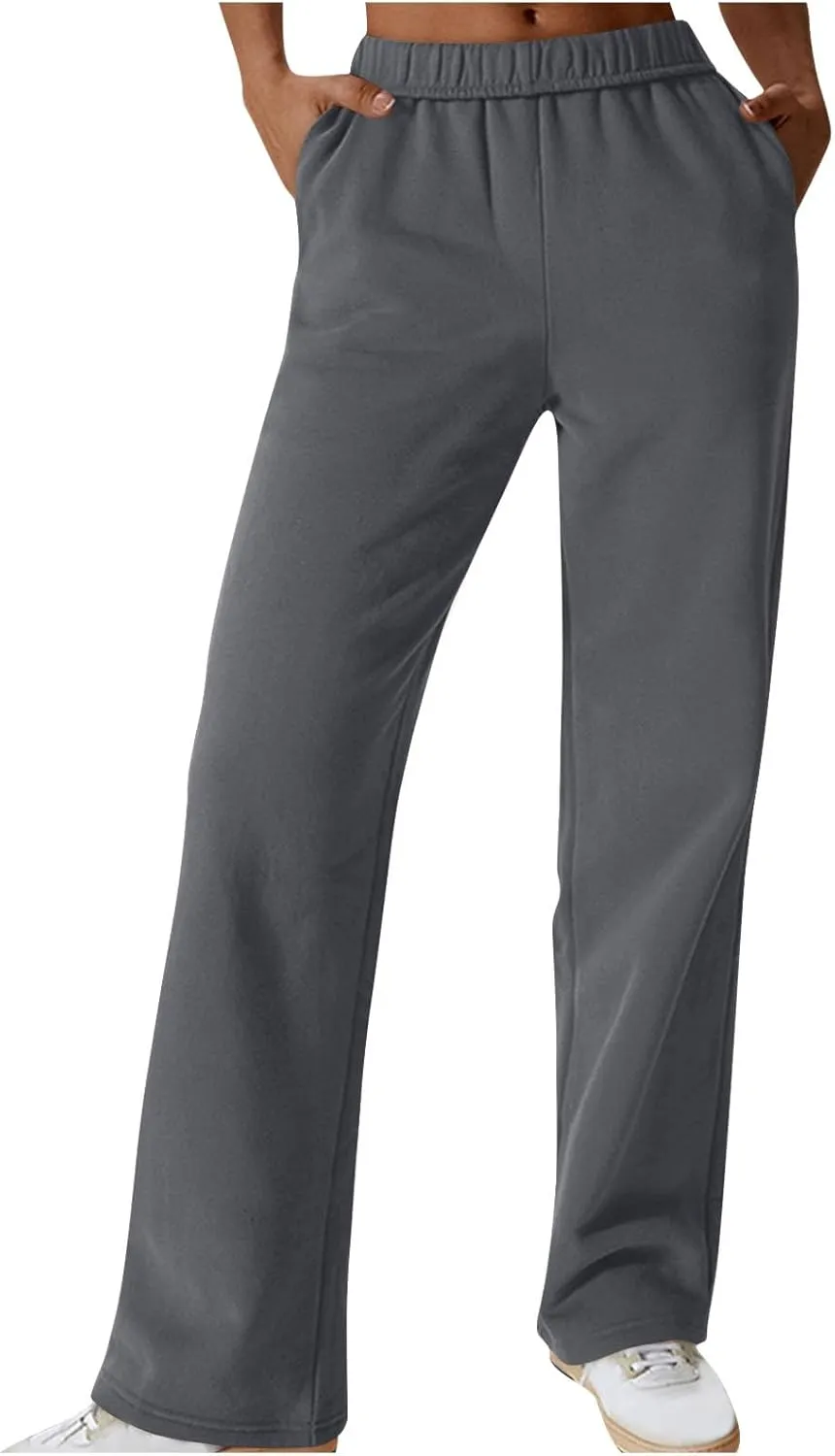 Comfy Straight Leg Pants for Women High Waisted Solid Color Lounge Trousers Pants with Pockets Casual Sweatpants