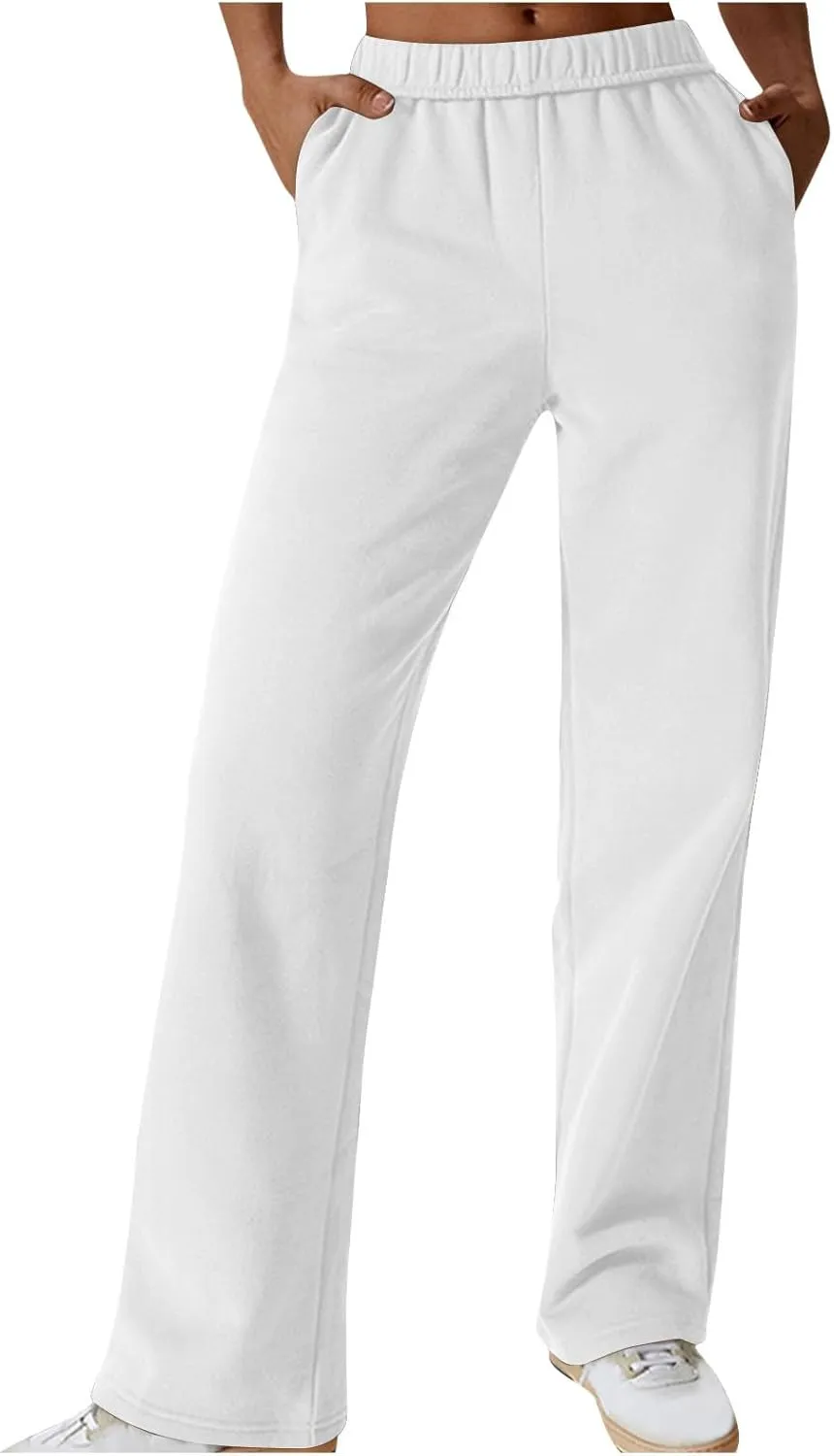 Comfy Straight Leg Pants for Women High Waisted Solid Color Lounge Trousers Pants with Pockets Casual Sweatpants