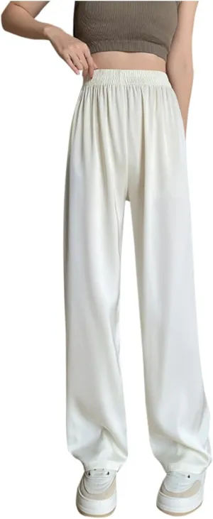 Comfy Trousers for Women Thin Summer Breathable Straight Leg Pants Stretch Elastic Waist Solid Color Casual Pants