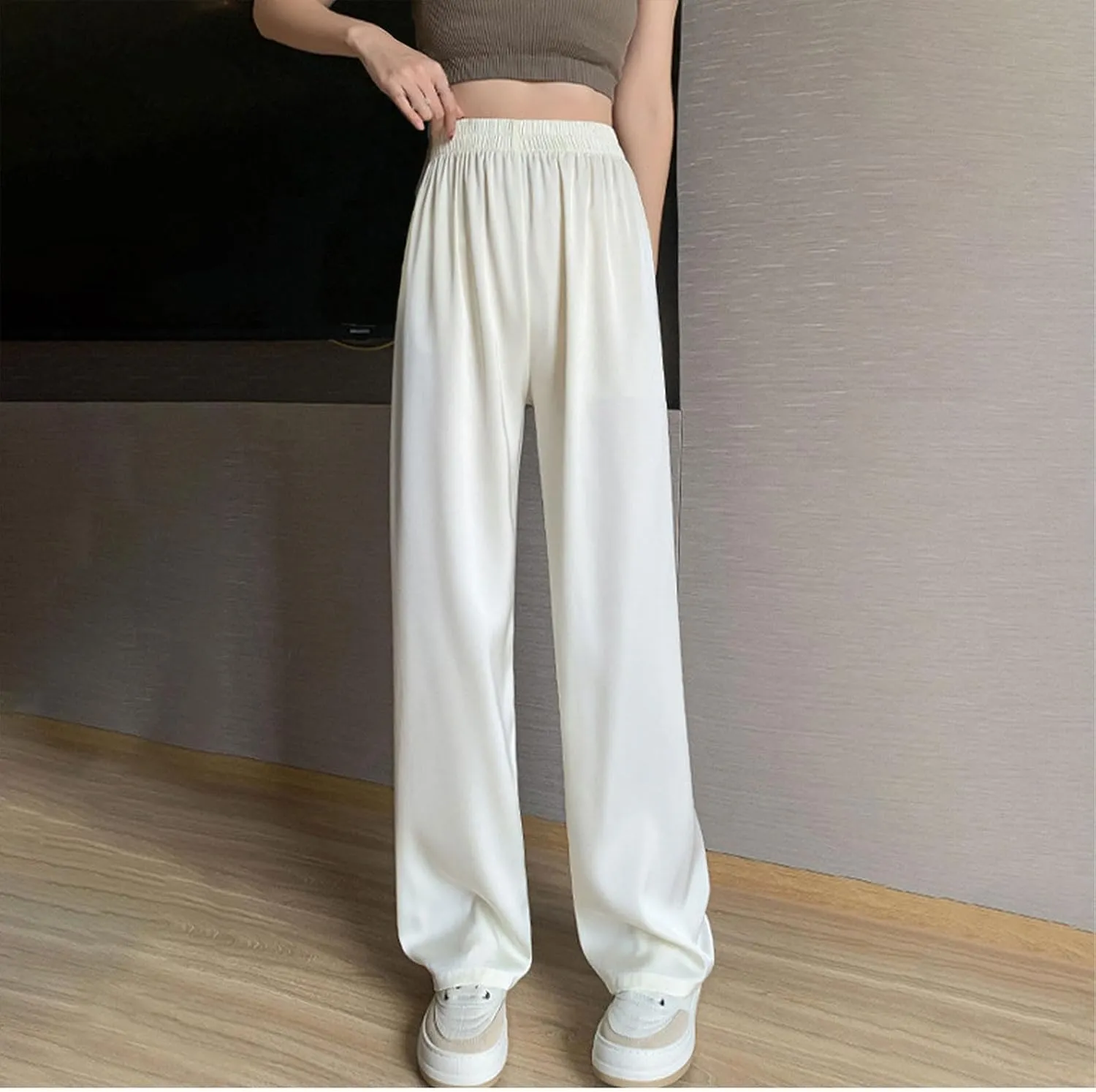 Comfy Trousers for Women Thin Summer Breathable Straight Leg Pants Stretch Elastic Waist Solid Color Casual Pants