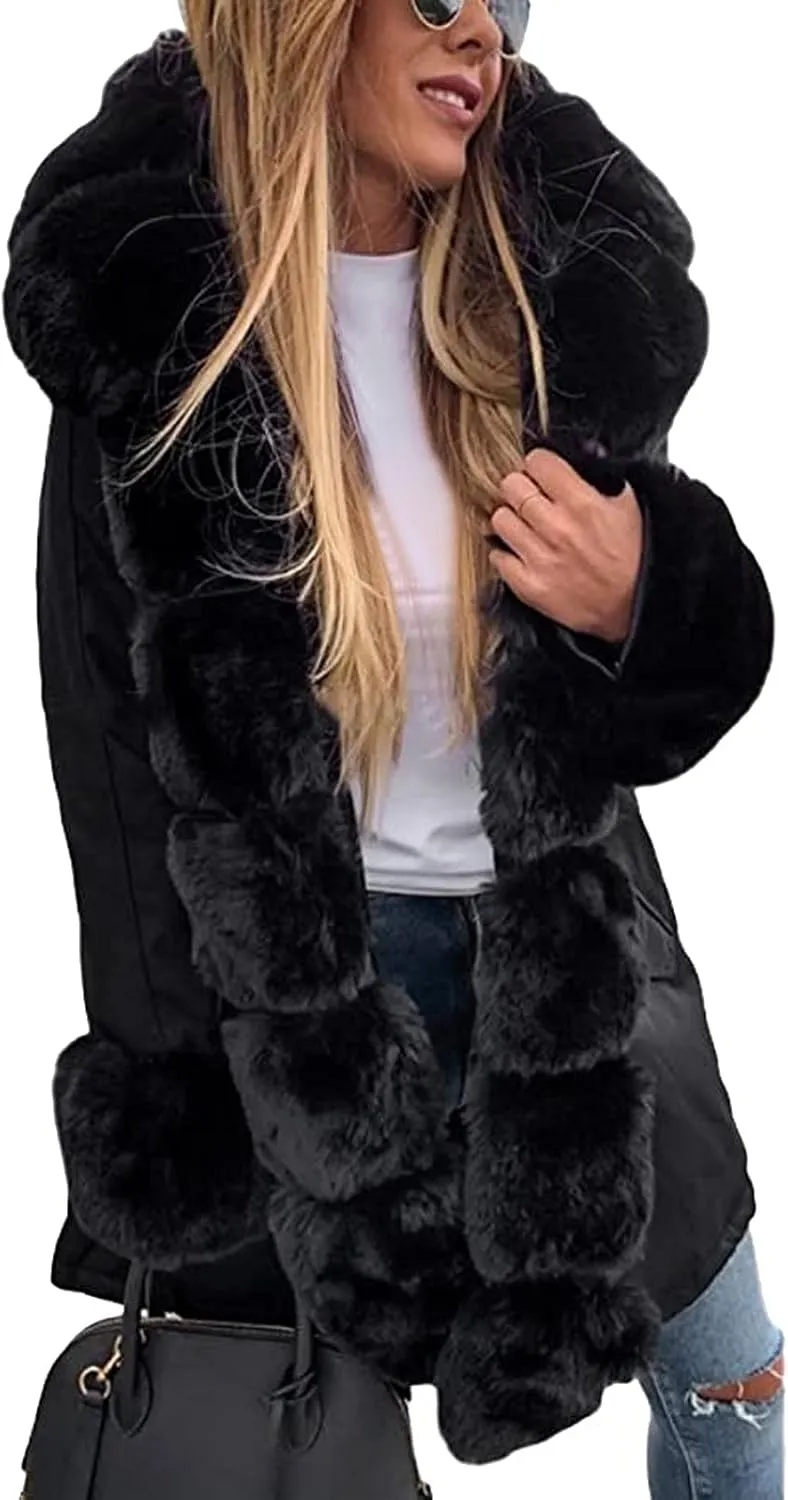 cooki Women Fashion Winter Fleece Lined Coat Faux-Fur Winter Warm Fleece Padded Jacket Winter Down Coat Ticked Puffer Coat