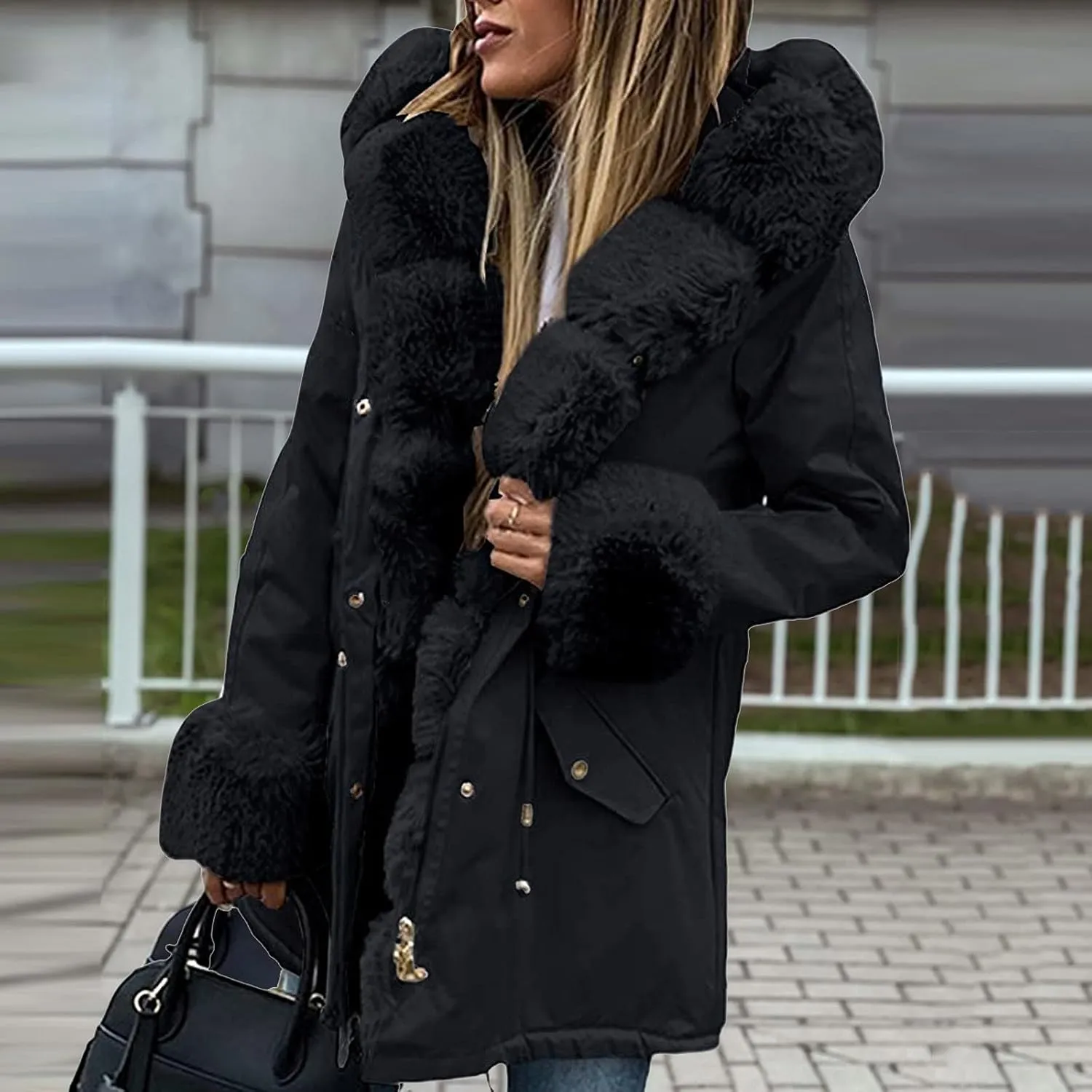 cooki Women Fashion Winter Fleece Lined Coat Faux-Fur Winter Warm Fleece Padded Jacket Winter Down Coat Ticked Puffer Coat
