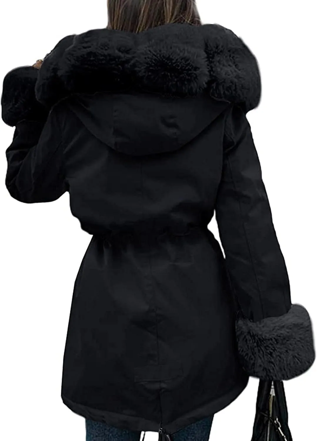 cooki Women Fashion Winter Fleece Lined Coat Faux-Fur Winter Warm Fleece Padded Jacket Winter Down Coat Ticked Puffer Coat