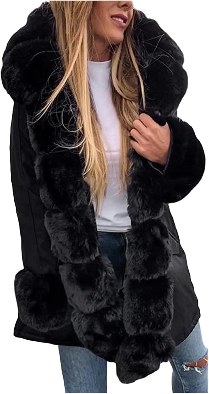 cooki Women Fashion Winter Fleece Lined Coat Faux-Fur Winter Warm Fleece Padded Jacket Winter Down Coat Ticked Puffer Coat