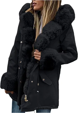 cooki Women Fashion Winter Fleece Lined Coat Faux-Fur Winter Warm Fleece Padded Jacket Winter Down Coat Ticked Puffer Coat