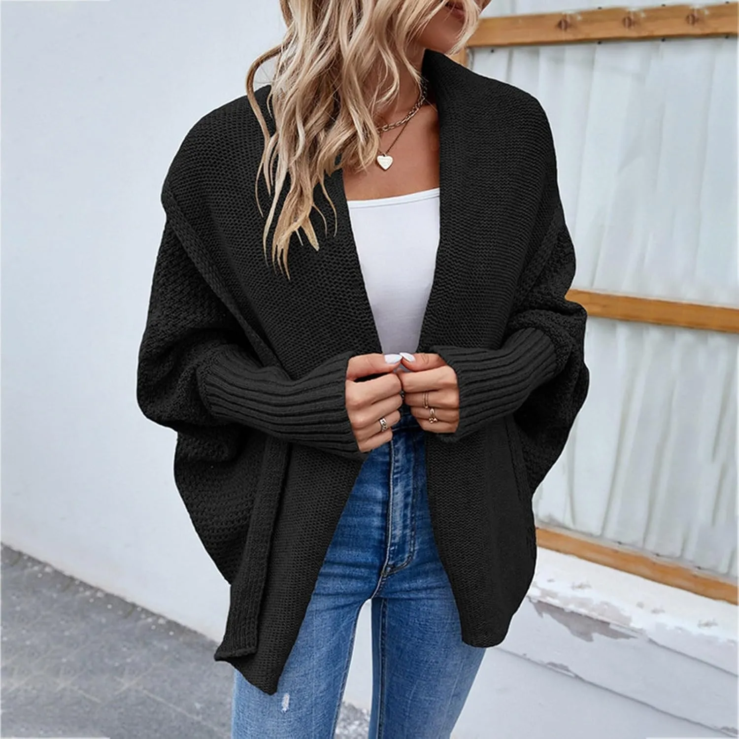 cooki Women's Kimono Batwing Cable Knitted Slouchy Oversized Wrap Cardigan Sweater Fall Fashion Sweater Jackets Outfits