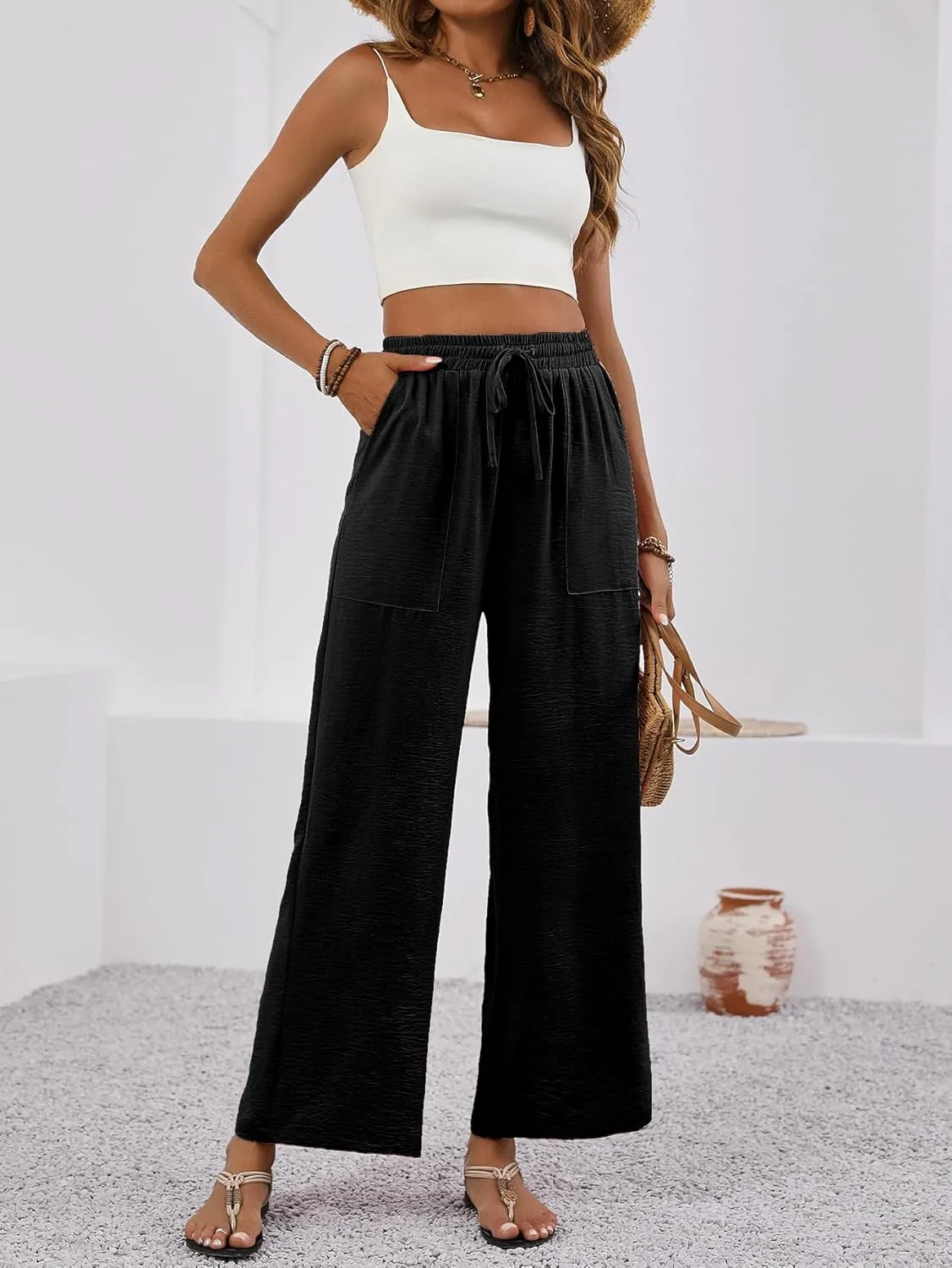 CORSKI Women's High Waisted Wide Leg Pants Palazzo Casual Long Straight Trousers with Pockets
