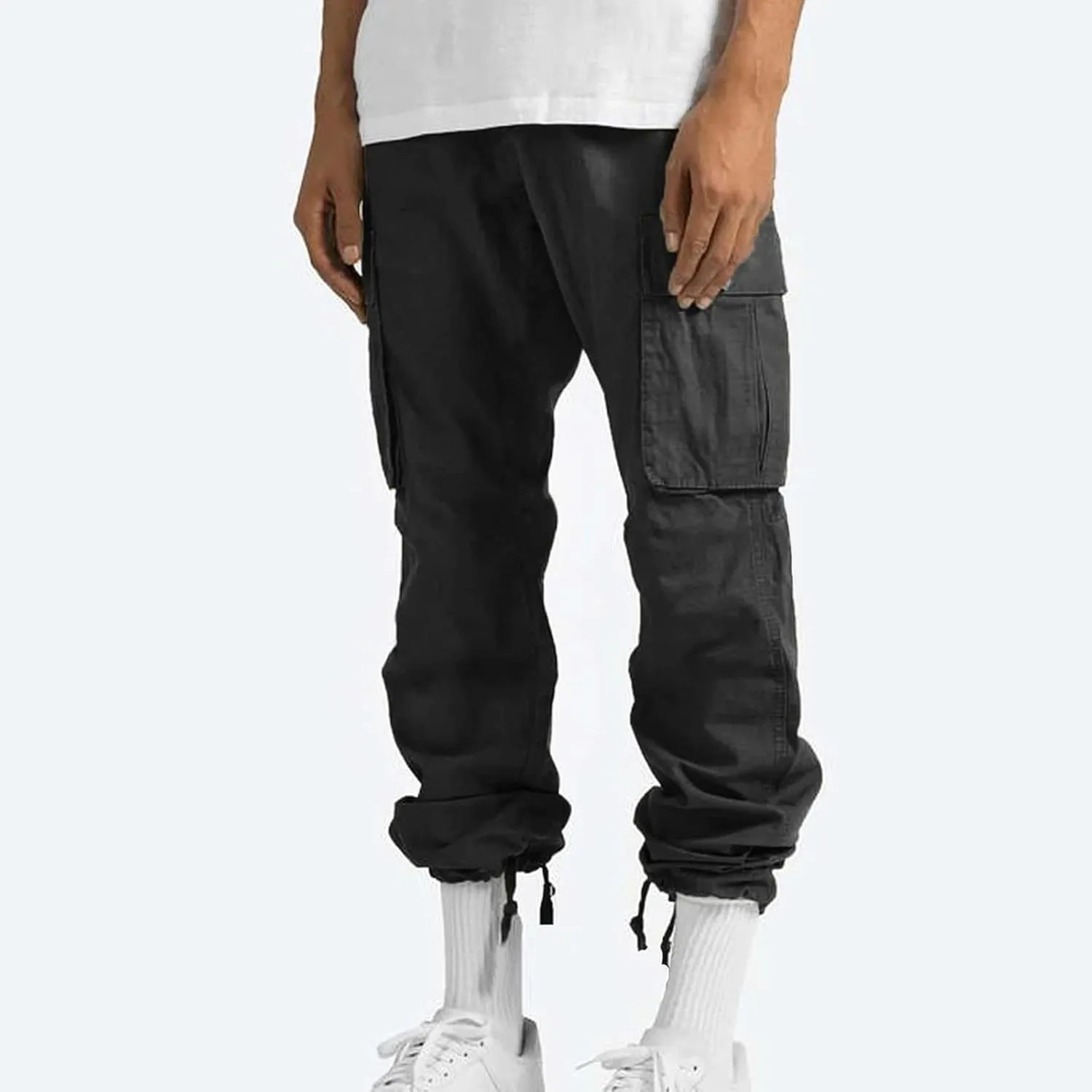 Cotton Cargo Trousers for Men,Solid Elastic Waist Straight Leg Slacks Slim Fit Bottoms Drawstring Pants for Men