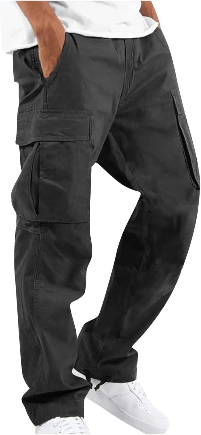 Cotton Cargo Trousers for Men,Solid Elastic Waist Straight Leg Slacks Slim Fit Bottoms Drawstring Pants for Men
