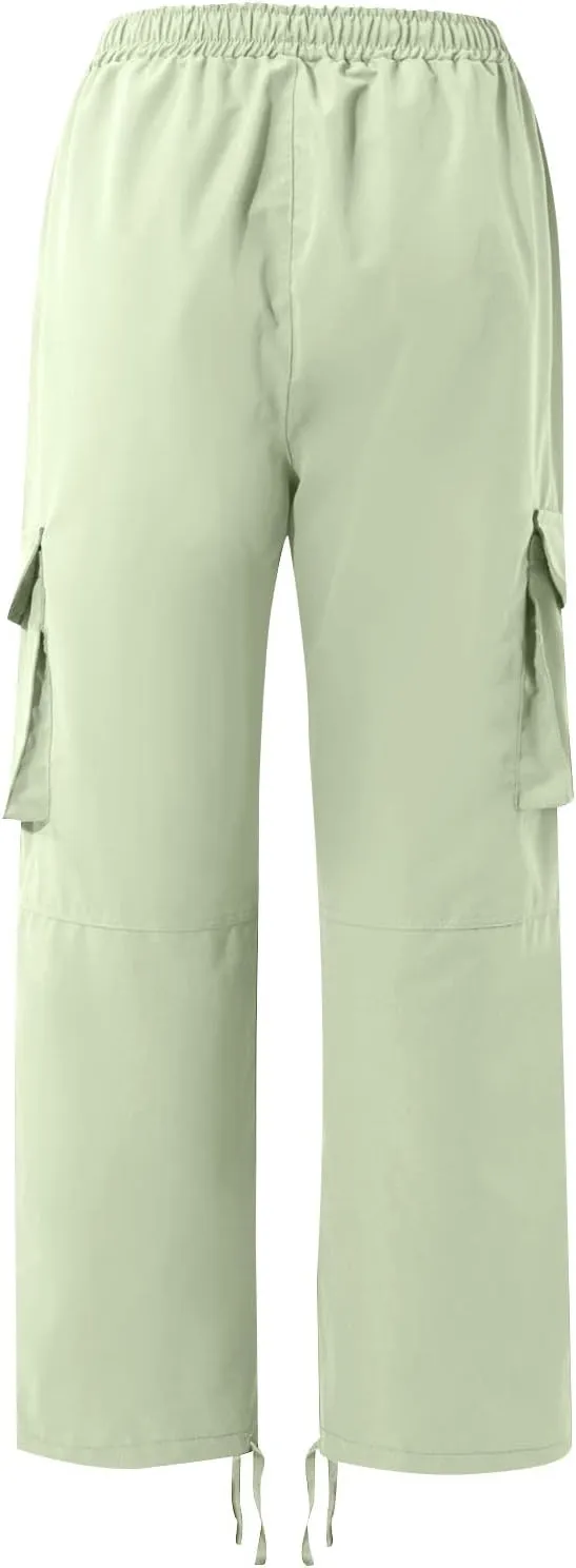 Cotton Cargo Trousers for Men,Solid Elastic Waist Straight Leg Slacks Slim Fit Bottoms Drawstring Pants for Men