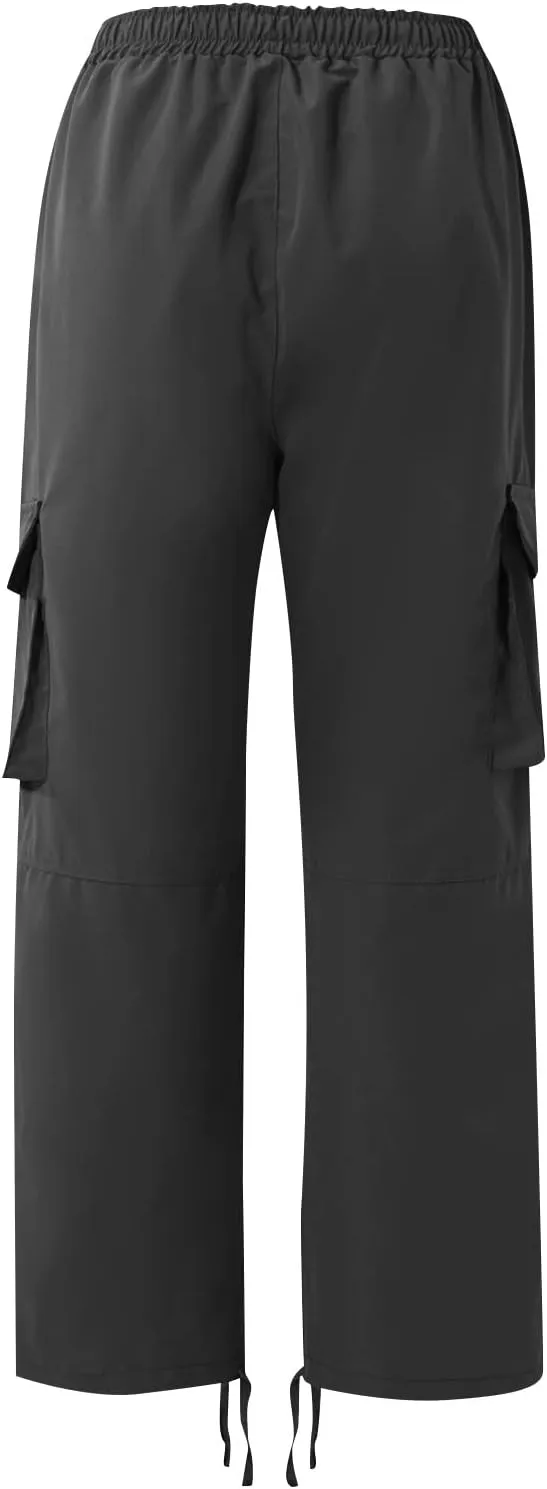 Cotton Cargo Trousers for Men,Solid Elastic Waist Straight Leg Slacks Slim Fit Bottoms Drawstring Pants for Men