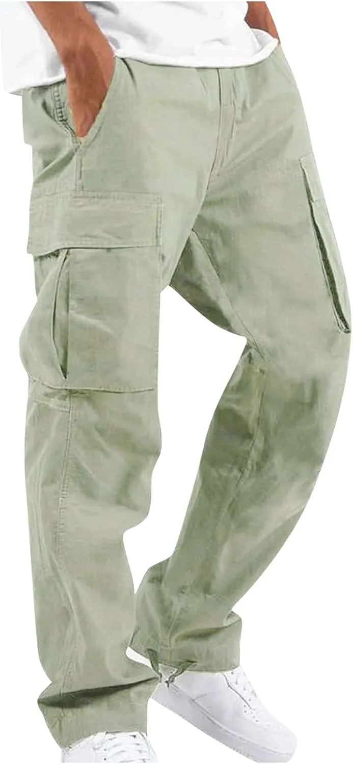 Cotton Cargo Trousers for Men,Solid Elastic Waist Straight Leg Slacks Slim Fit Bottoms Drawstring Pants for Men