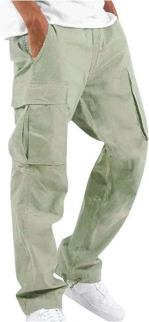 Cotton Cargo Trousers for Men,Solid Elastic Waist Straight Leg Slacks Slim Fit Bottoms Drawstring Pants for Men