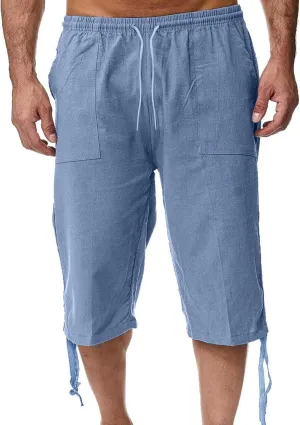 Cotton Linen Capris Pants for Men Casual Lightweight Drawstring Elastic Waist 3/4 Summer Beach Yoga Shorts with Pocket