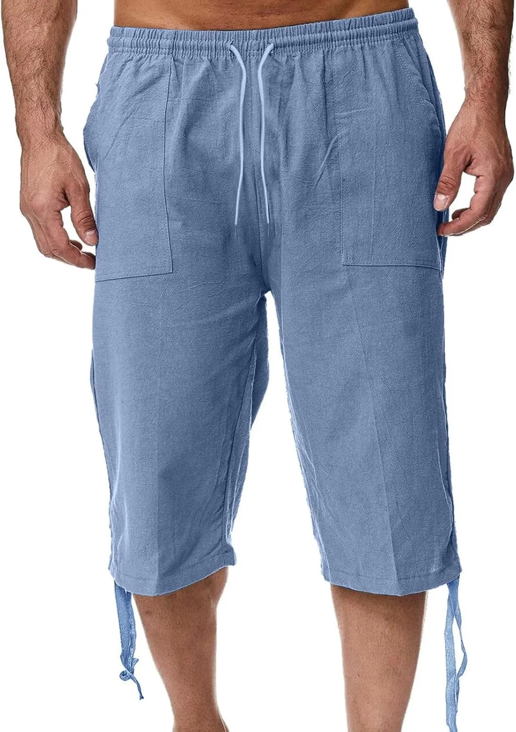 Cotton Linen Capris Pants for Men Casual Lightweight Drawstring Elastic Waist 3/4 Summer Beach Yoga Shorts with Pocket