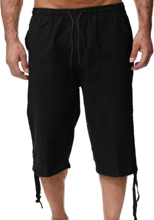 Cotton Linen Capris Pants for Men Casual Lightweight Drawstring Elastic Waist 3/4 Summer Beach Yoga Shorts with Pocket
