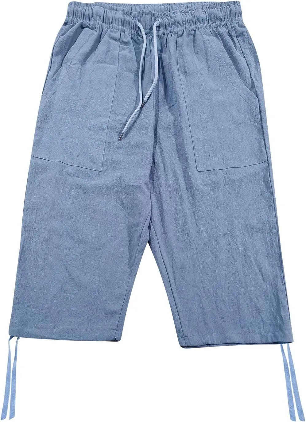 Cotton Linen Capris Pants for Men Casual Lightweight Drawstring Elastic Waist 3/4 Summer Beach Yoga Shorts with Pocket